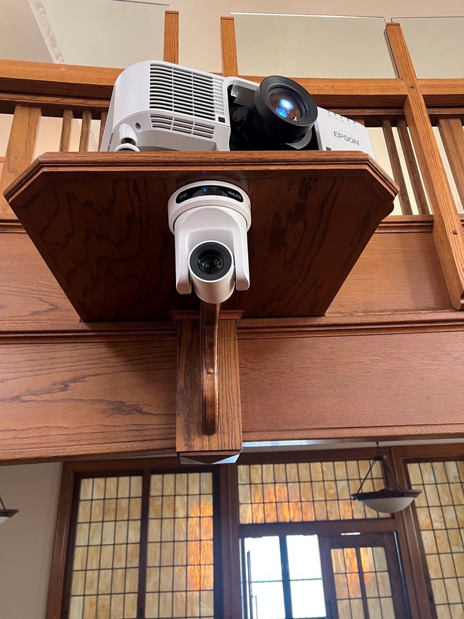 Balcony mounted projector and PTZ camera in a church