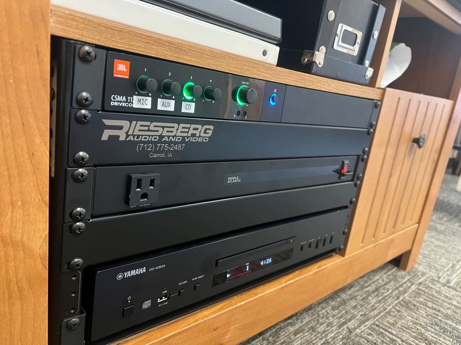 Riesberg built audio rack in a wood cabinet
