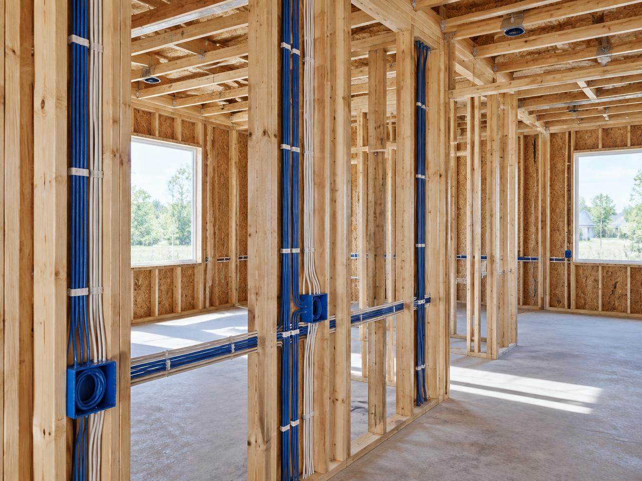 New home under construction with low voltage wiring runs