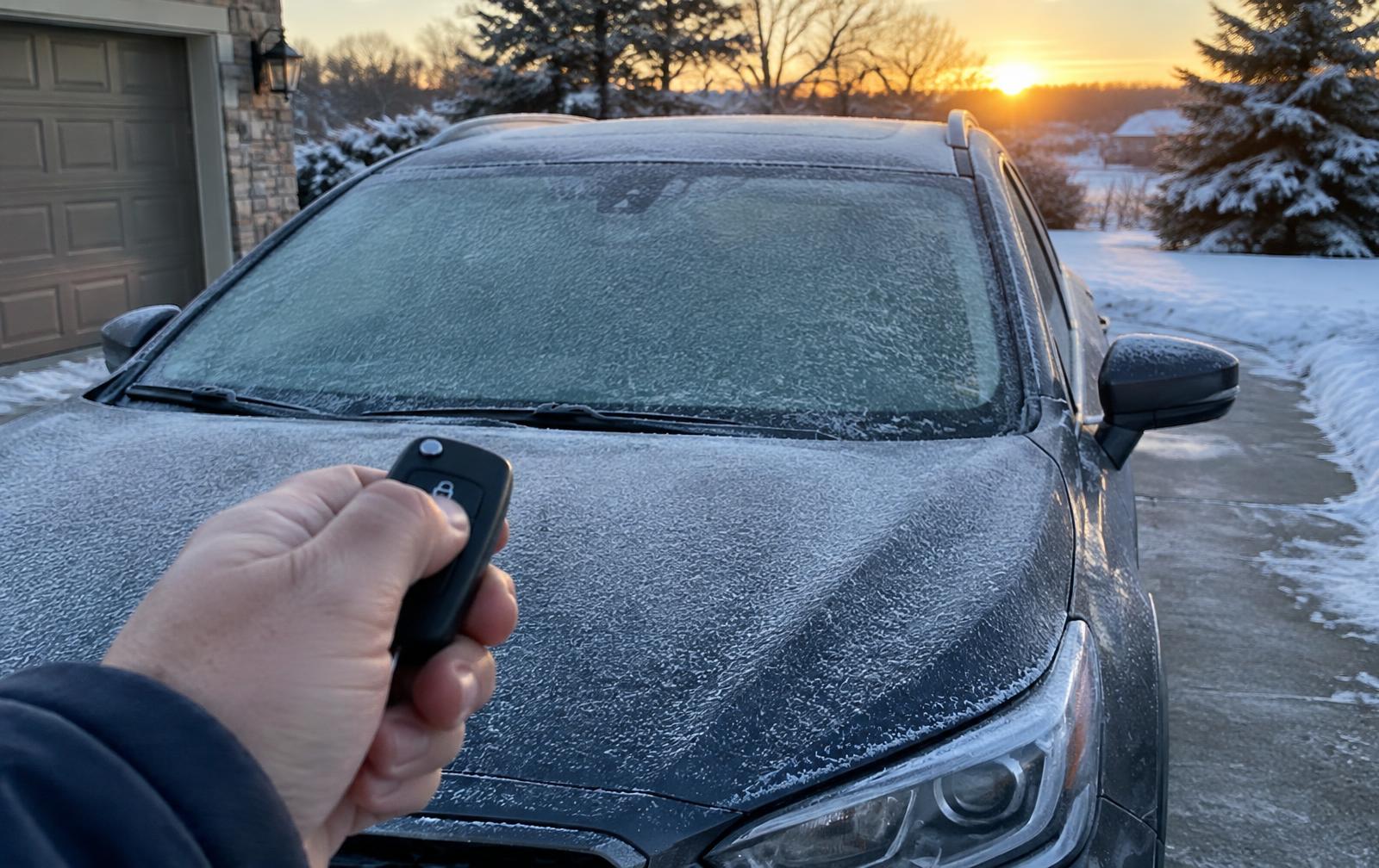Frost covered windshield on a car in a driveway at sunrise in an Iowa winter
