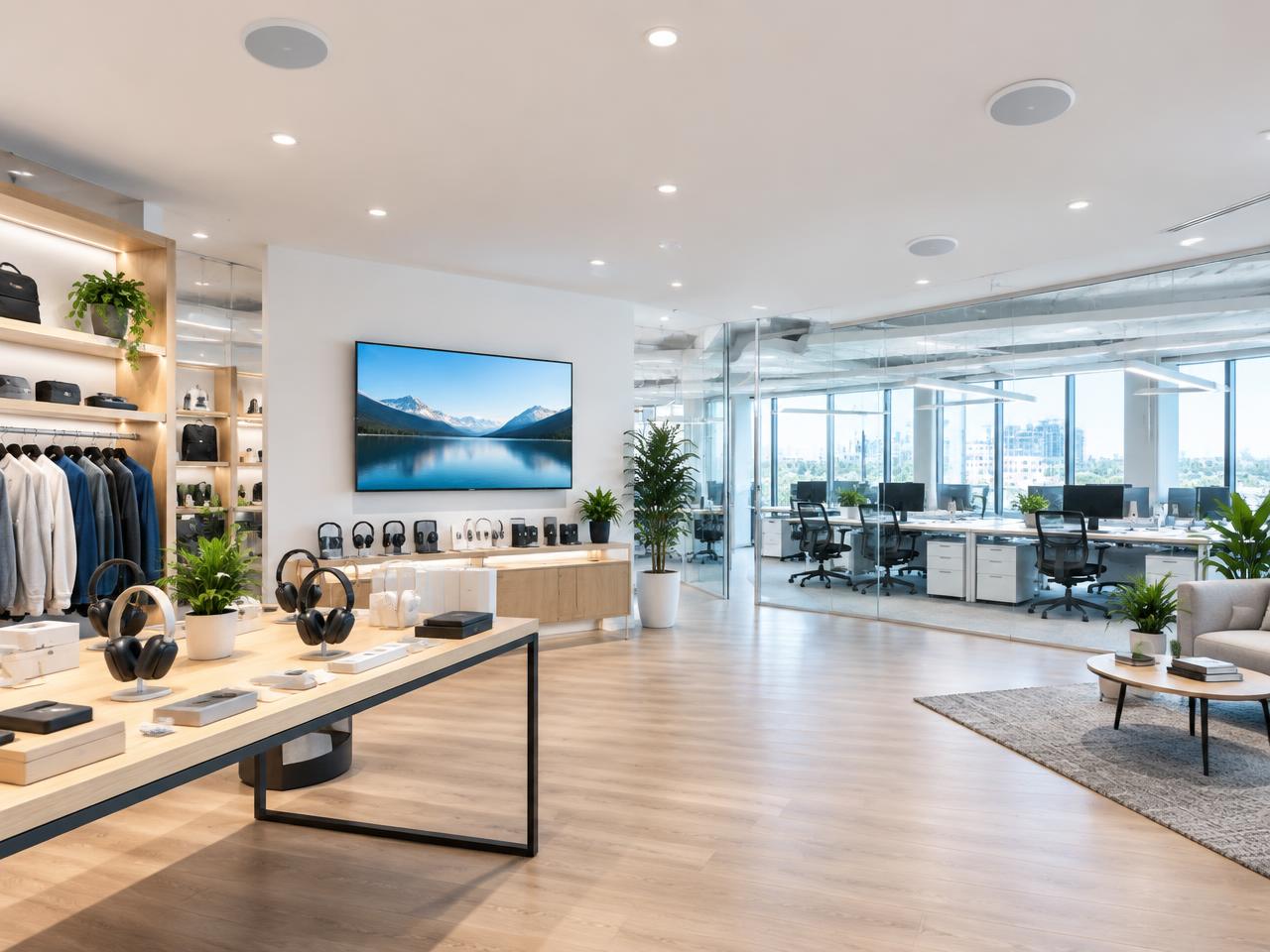Televisions and speakers above a restaurant bar