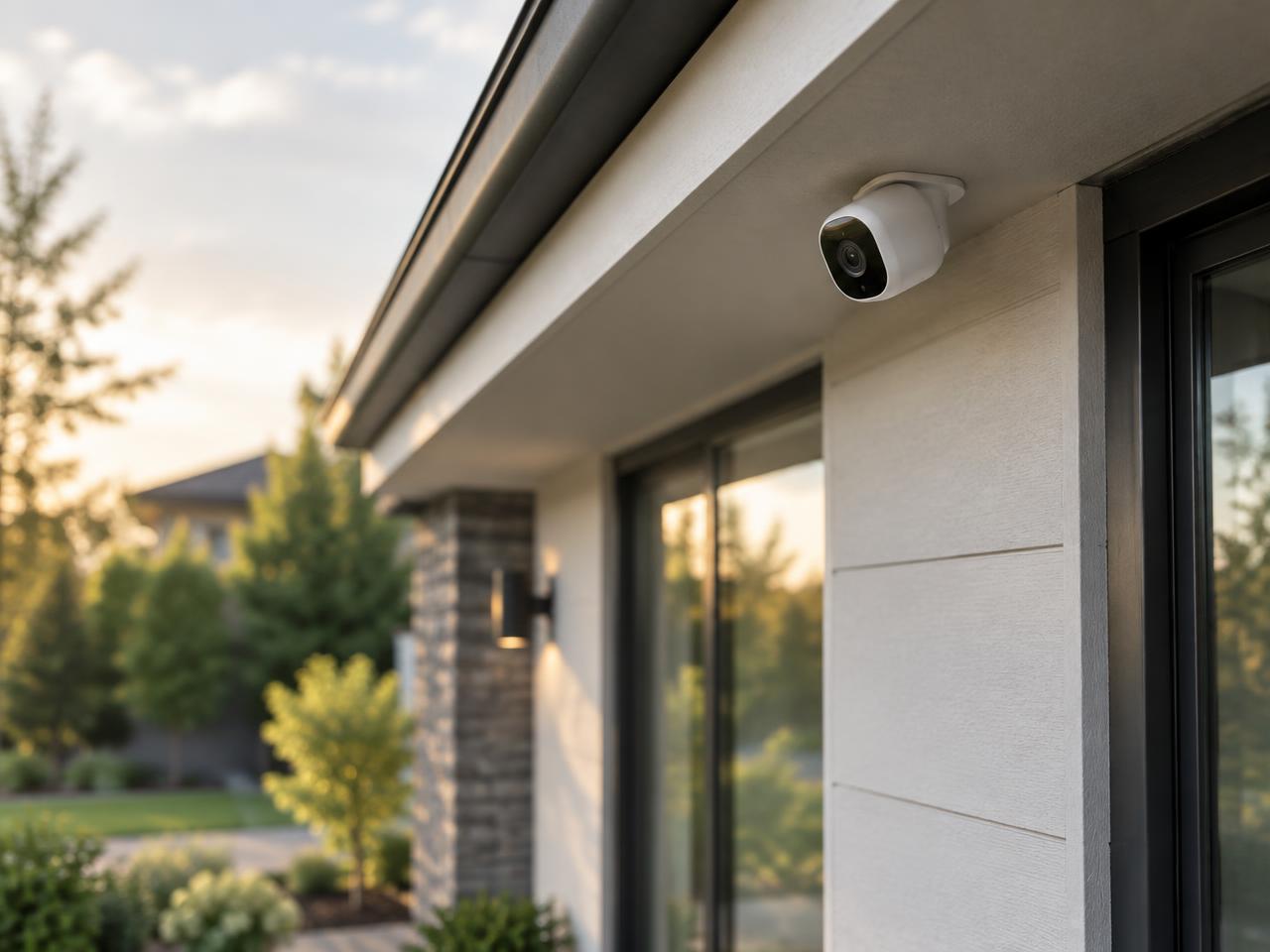 Security camera mounted under the eave of a modern home