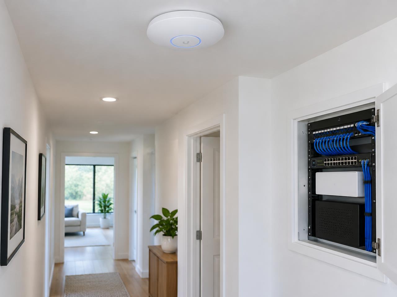 Ceiling mounted wireless access point in a modern hallway
